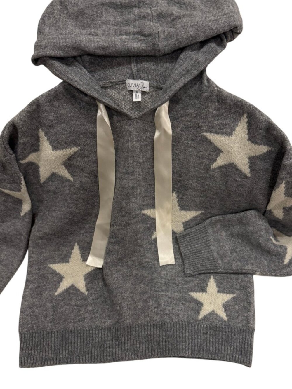 Olivia Sky Star Hoodie Sweater Womens Medium Gray Ivory Ribbon Drawstring